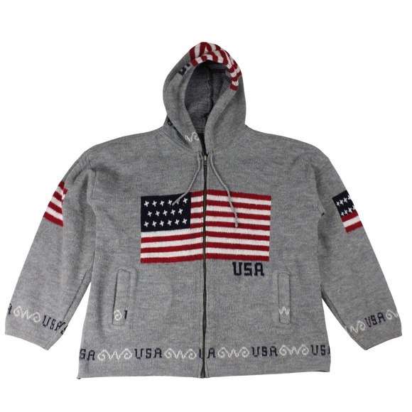Other - Vintage USA Flag Wool Hooded Zip Sweater Jacket Gray Patriotic Large